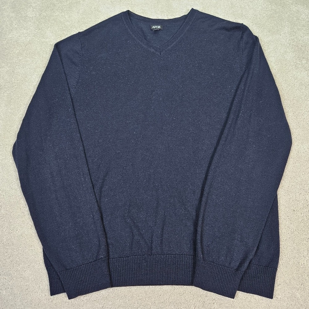APT 9 Men's XL V Neck Sweater Merino‎ Wool Navy Classic Preppy Refined Smart